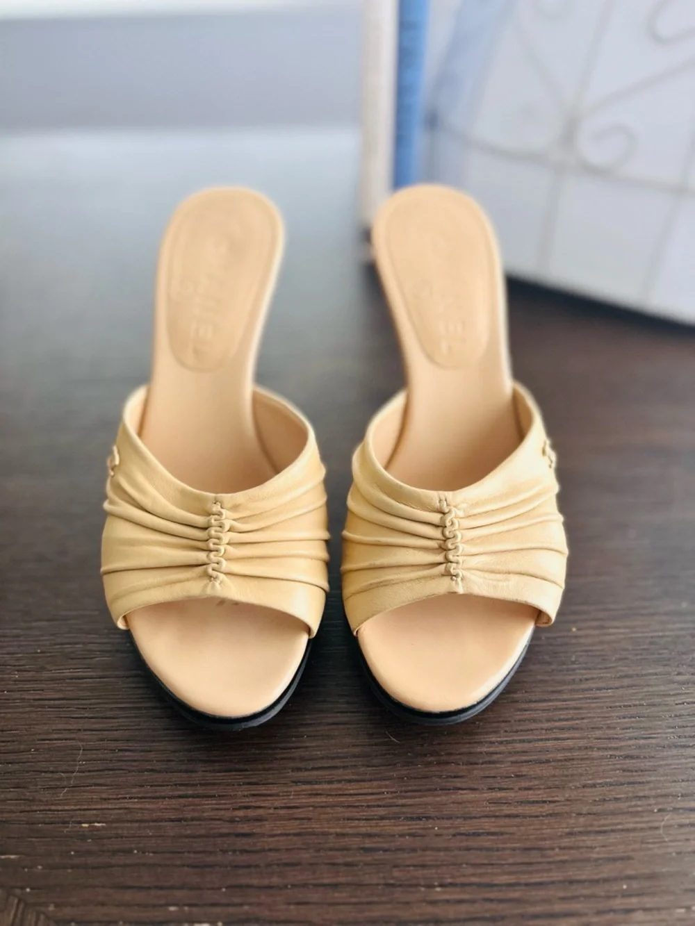 CHANEL Ruched Leather CC Logo Mule Heels Size 6B